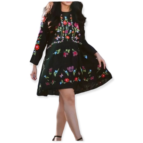 Zara Dresses & Skirts - Zara Embroidered Floral Black Dress Size M